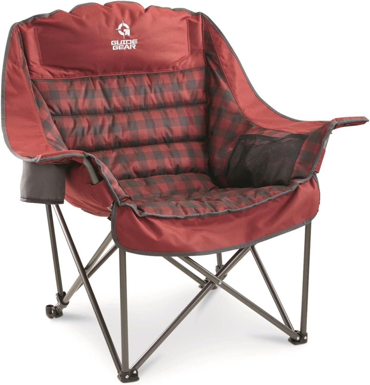 Oversized Red Plaid Padded Camping Chair with Steel Frame