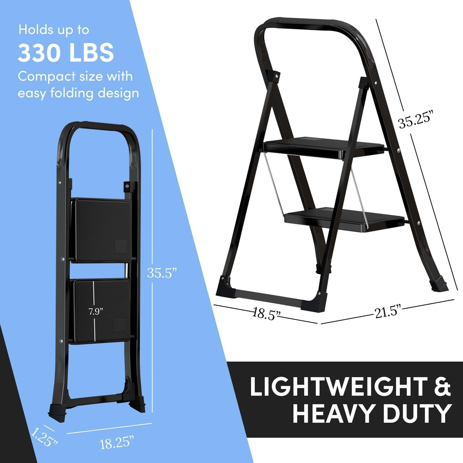 Lifetime Appliance Parts 2-Step Ladder with Wide Anti-Slip Platform & Thick Rubber feet - Foldable & Portable - 330 lbs Capacity - BLACK