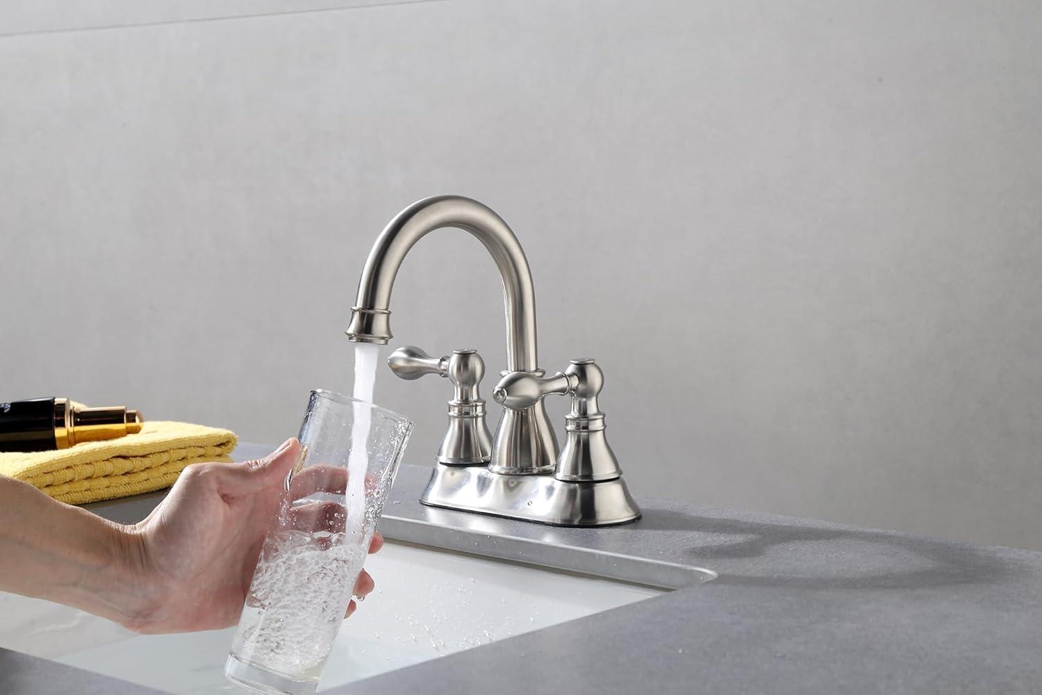 Two Handles Brushed Nickel Bathroom Faucet 3 Hole Sink Faucet with Overflow Pop up Drain, 360° Swivel Spout 4 Inch Centerset Lavatory Faucet Without Water Supply Lines,F-4501-BN