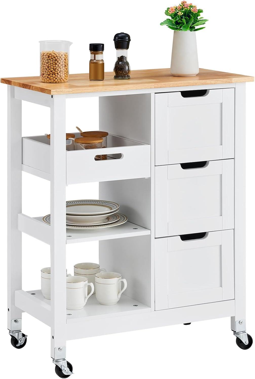 White Wood Kitchen Cart with Spice Rack and Storage