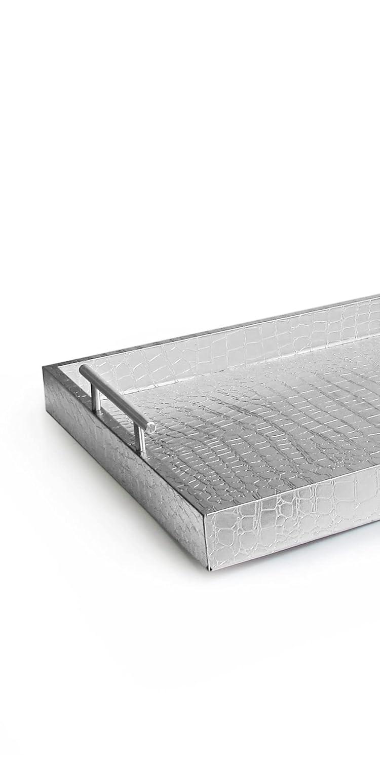 American Atelier, Silver Polyurethane Leather Alligator Rectangular Serving Tray with Handle, 14x19"