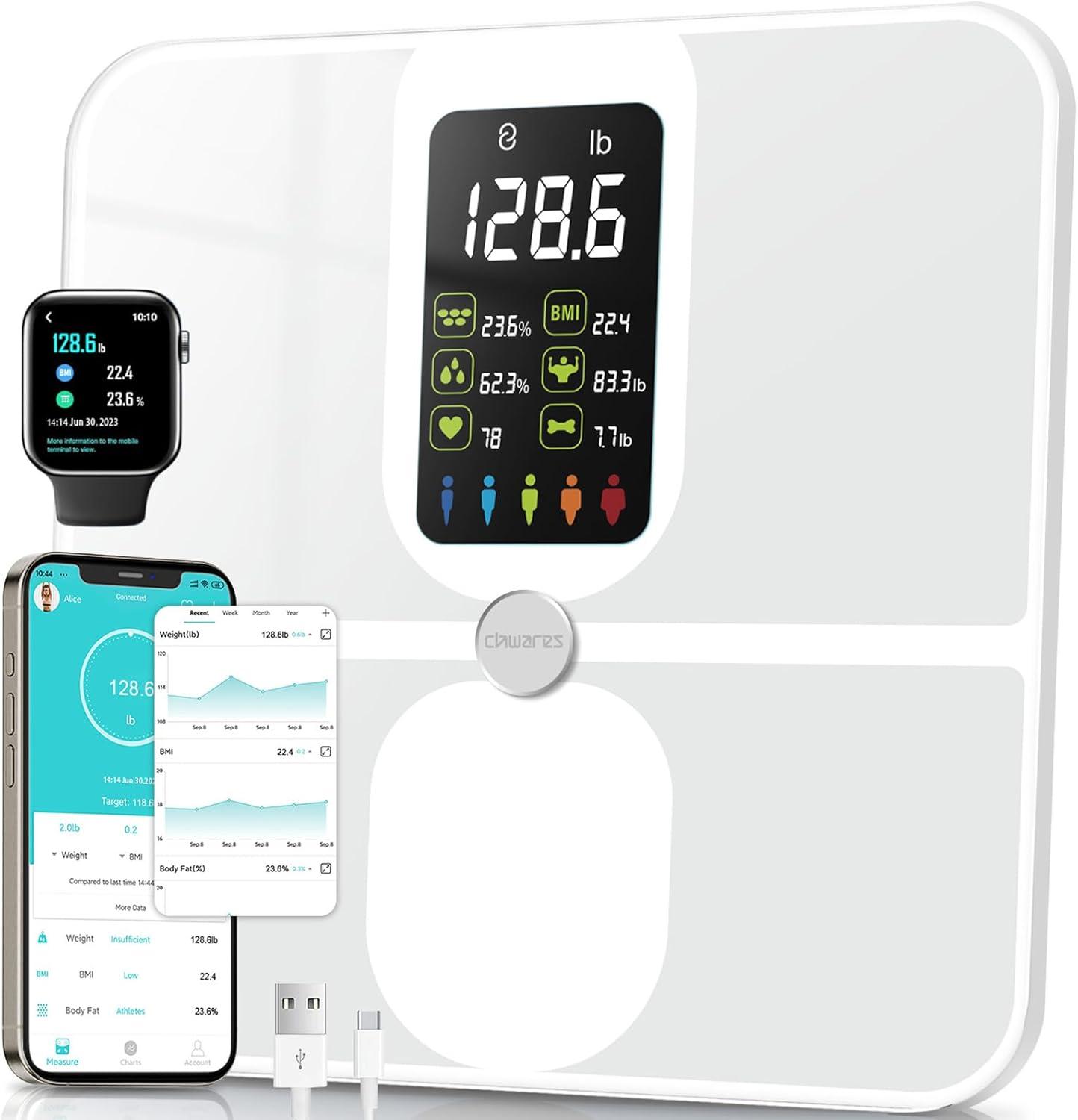 CHWARES Rechargeable Weight Scale , Scale for Body Weight with Large LCD Display, Smart Digital Scale with Body Fat 15 Metrics Body Composition Analyzer for BMI Heart Rate 400lbs, Black