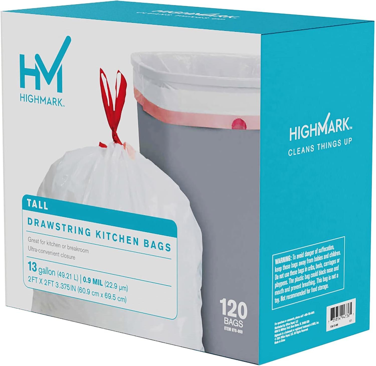 Highmark 0.9-mil Drawstring Trash Bags, 13 Gallons, White, Box Of 120, DP848808