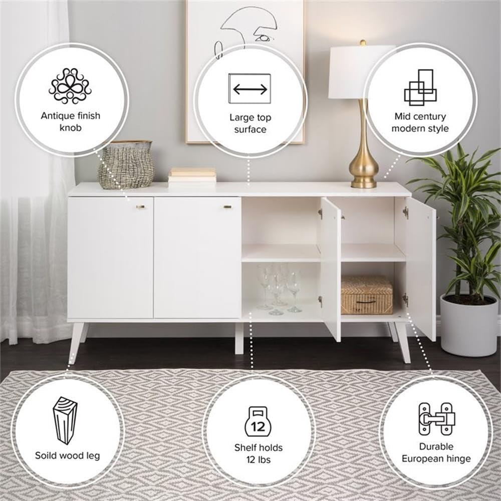 Milo Mid-Century Modern 4 Door Buffet Server White - Prepac: Laminated Storage Cabinet, CARB Certified