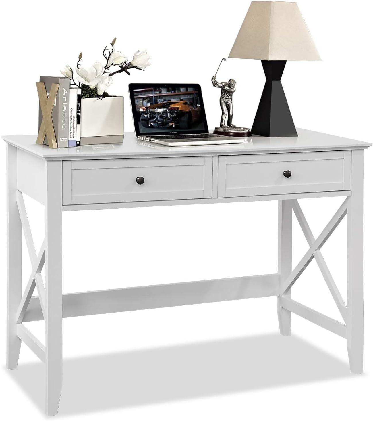 White Computer Desk with 2 Drawers, Modern Makeup Vanity Desk with Storage, Writing Desk for Home Office, 42'' Long Study Simple White Desk for Bedroom Console Table Living Room