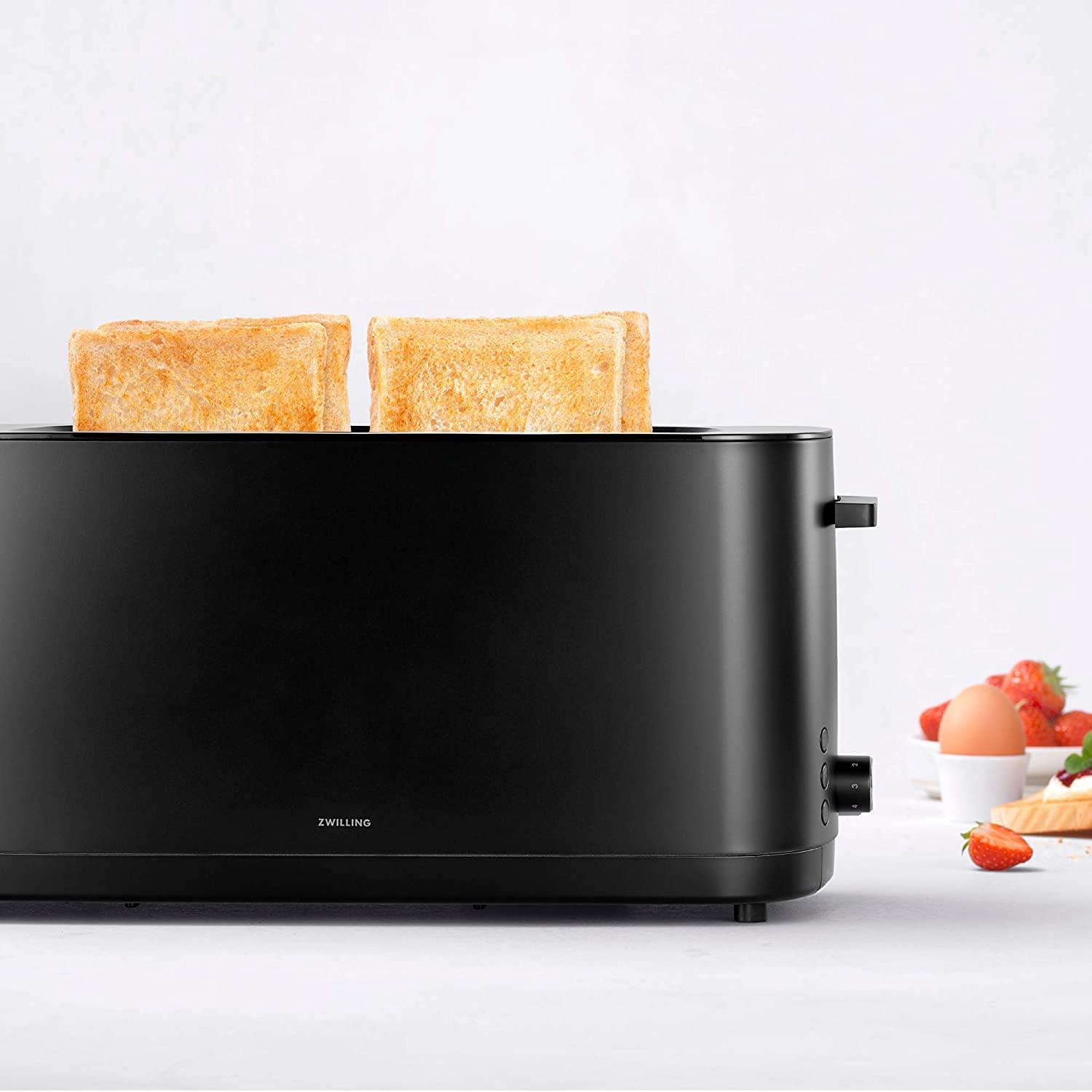 ZWILLING Enfinigy 2 Long Slot Toaster, 4 Slices with Extra Wide 1.5" Slots for Bagels, 7 Toast Settings, Even Toasting, Reheat, Cancel, Defrost, Black