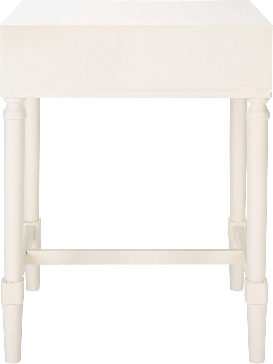 Elegant White Wood Accent Table with Carved Details and Storage Drawer