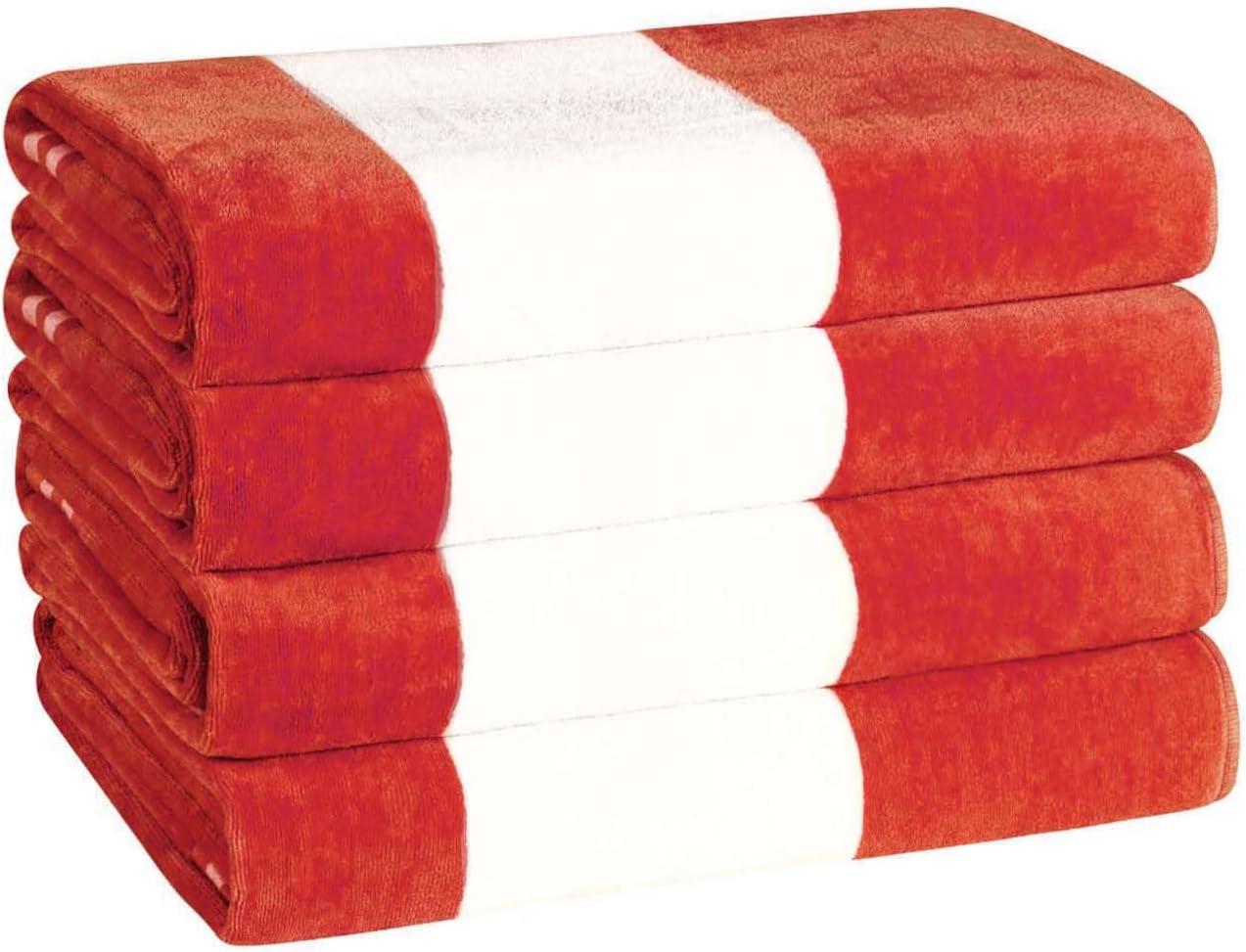 Superior Cabana Striped 4-Piece Oversized Cotton Beach Towel Set, Coral
