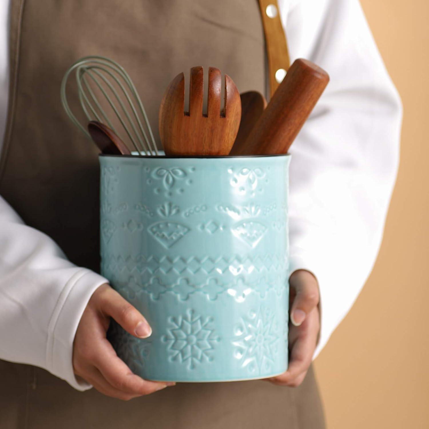 Aqua Ceramic Embossed Kitchen Utensil Holder Crock