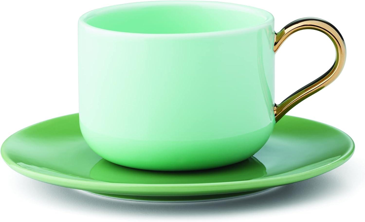 Green Porcelain Cup and Saucer Set with Gold Handle