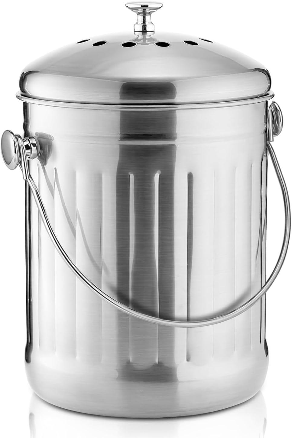 Stainless Steel 1.3 Gallon Kitchen Compost Bin with Handle