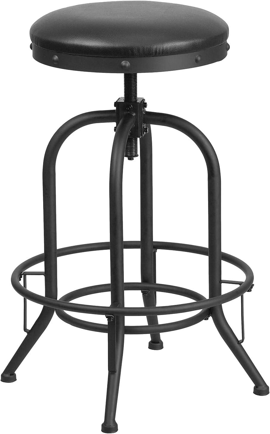 Adjustable Black Leather Swivel Backless Metal Barstool