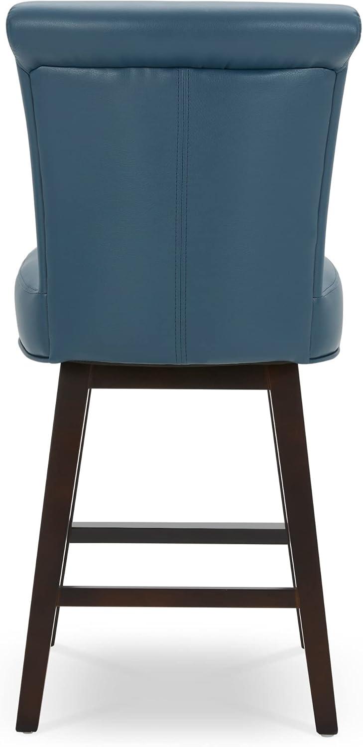 CHITA 26 in Upholstered Swivel Counter Bar Stools with Back&Wood Legs Set of 2, Faux Leather in Dark Blue