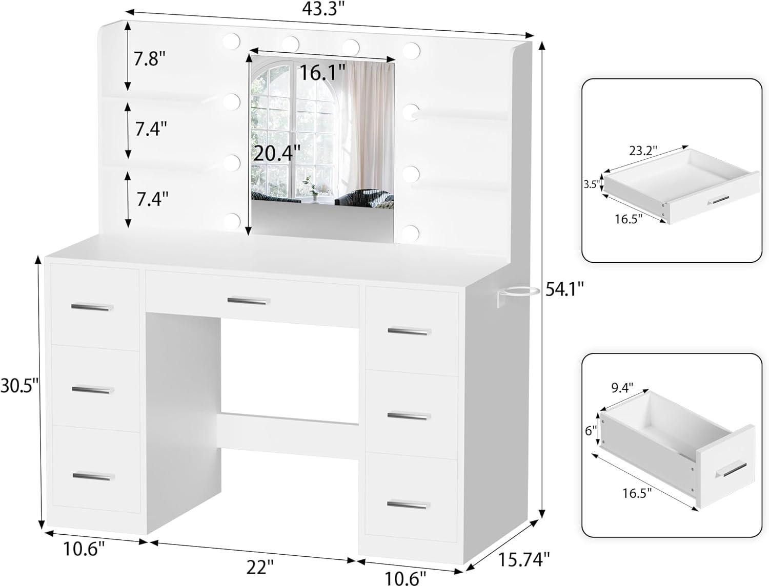 YESHOMY Vanity Desk with Mirror, Power Outlet and 10 Lights, Makeup Table with 7 Drawers, 3 Color Modes Available for Bedroom, White