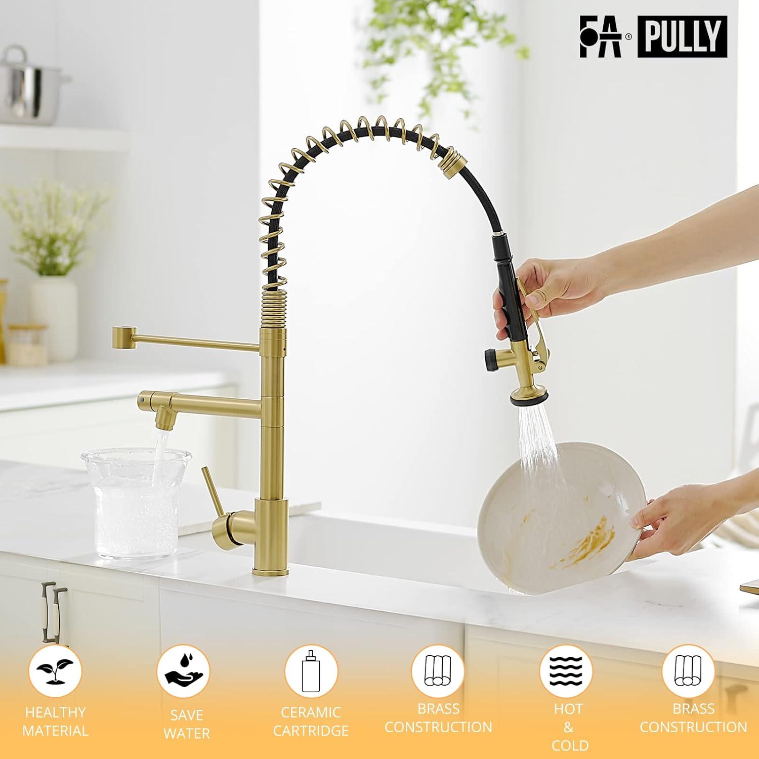 Contemporary Kitchen Sink Faucet, Single Handle Brass Spring Kitchen Faucet with Pull Down Sprayer, Rotatable Pull-Out Kitchen Mixer Tap, Brushed Gold