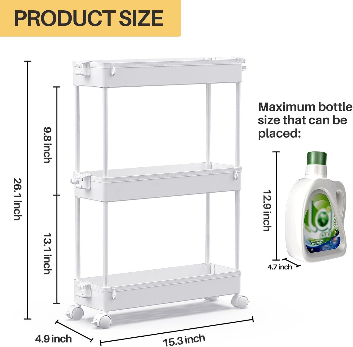 White Slim 3-Tier Rolling Storage Cart with Side Hoops