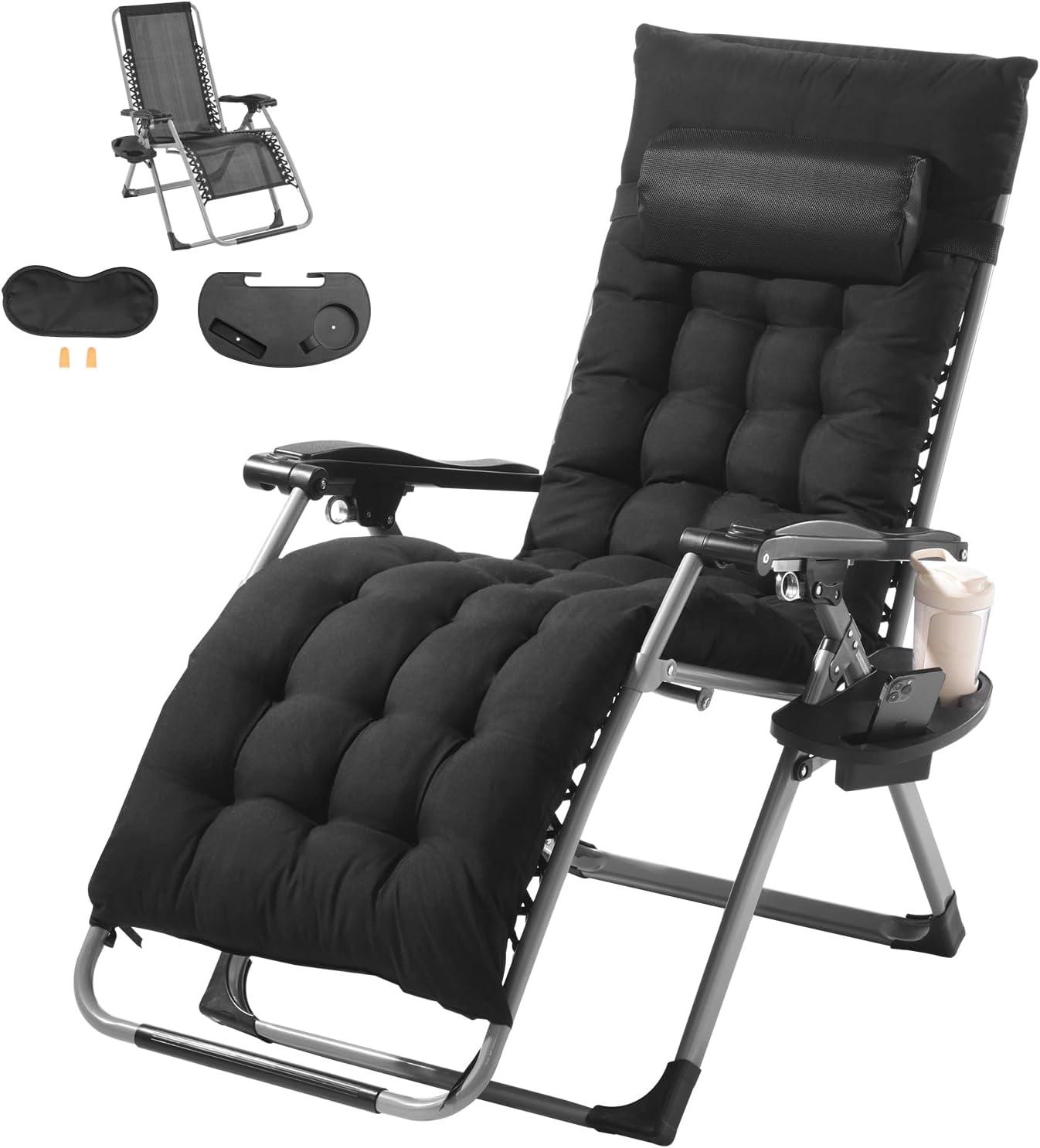 Black Cushioned Zero Gravity Recliner with Cup Holder