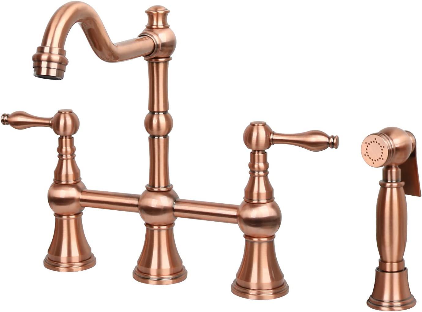 Double Handle Brushed Copper Bridge Kitchen Faucet with Sprayer