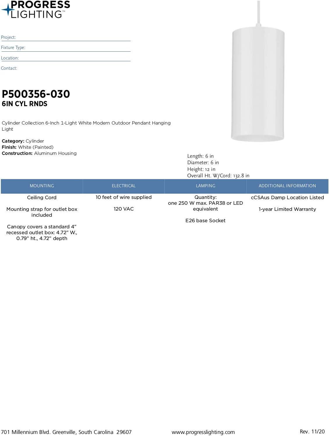 Progress Lighting, Cylinder, 1-Light, Outdoor Hanging Pendant, Antique Bronze, Modern, No Shade