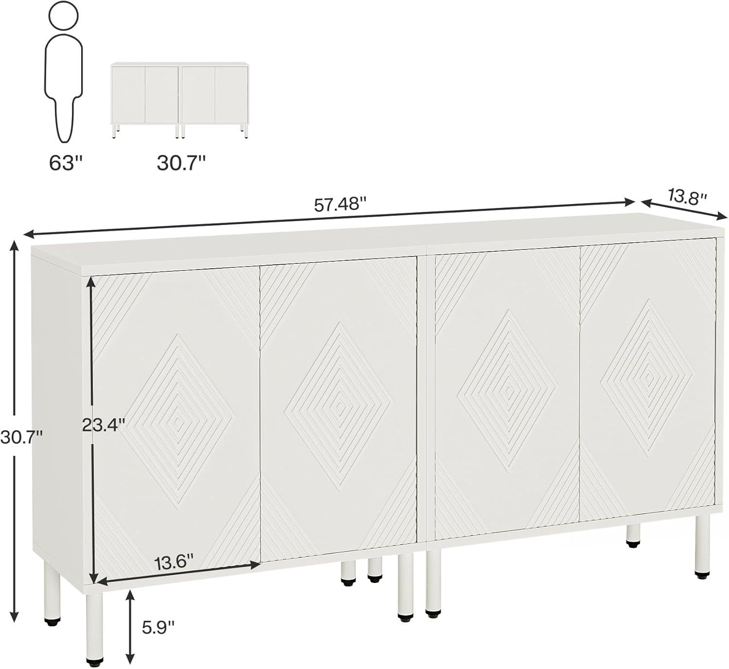 57" White Modern Sideboard Cabinet with Diamond Pattern Doors