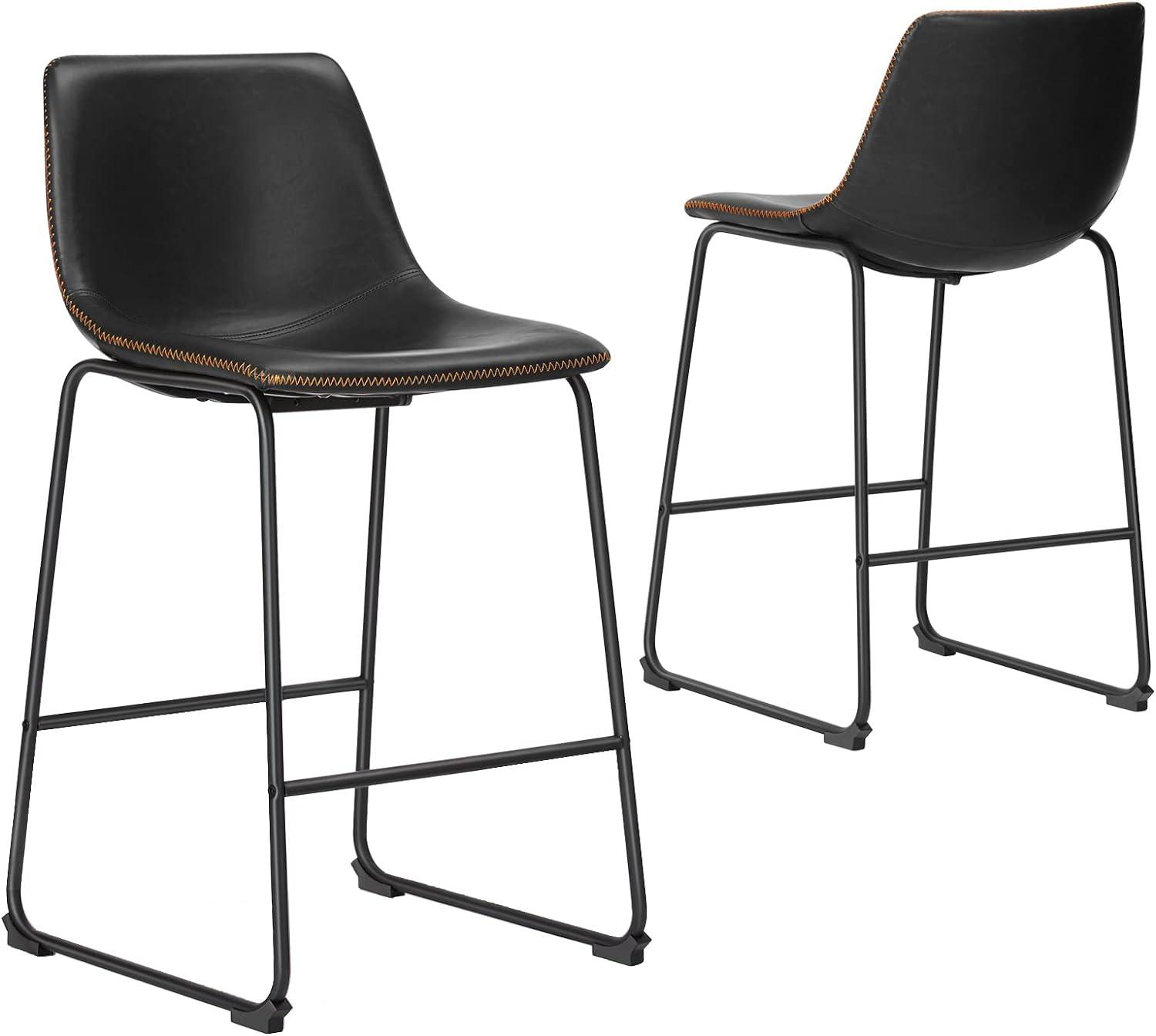 Bar Stools Set of 2, PU Leather Counter Height Bar Stools, 26" Modern Bar Stools with Metal Legs and Footrest, Urban Armless Dining Chairs with Backrest for Kitchen Island (Black)