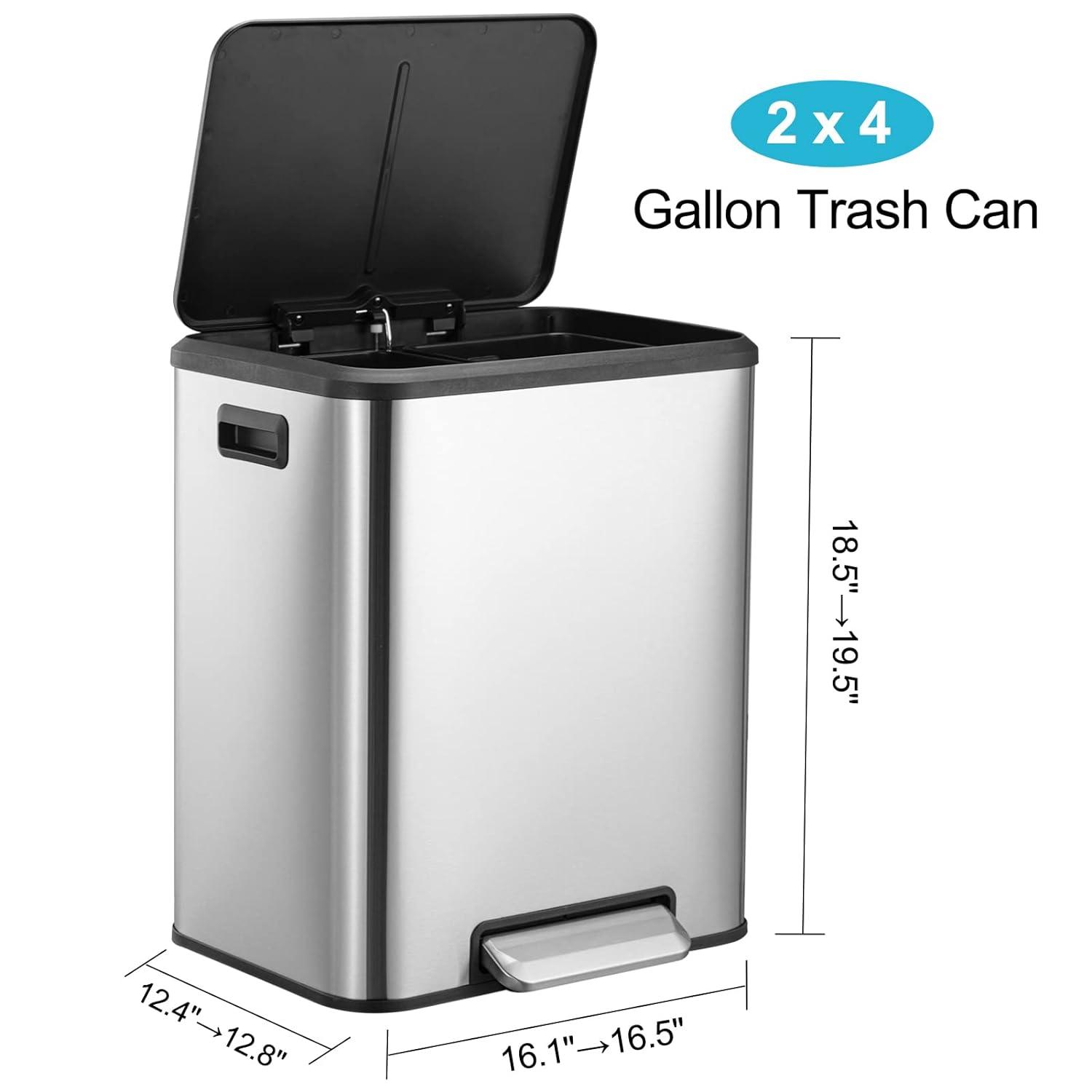GlowSol Dual Trash Can for Recycling and Trash, Stainless Steel Kitchen Trash Can with Lid and Foot Pedal, Double Compartment Garbage Can, Trash Can with Recycling Bin (2 x 15 L)
