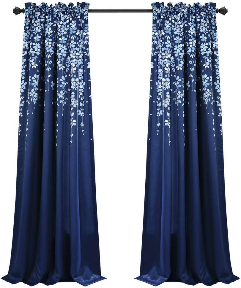 Lush Decor Weeping Flower Bright Colorful Floral Print 3" Rod Pocket Room Darkening Window Curtain Panel, Navy, 95"L x 52"W + 2" Header, Set of 2
