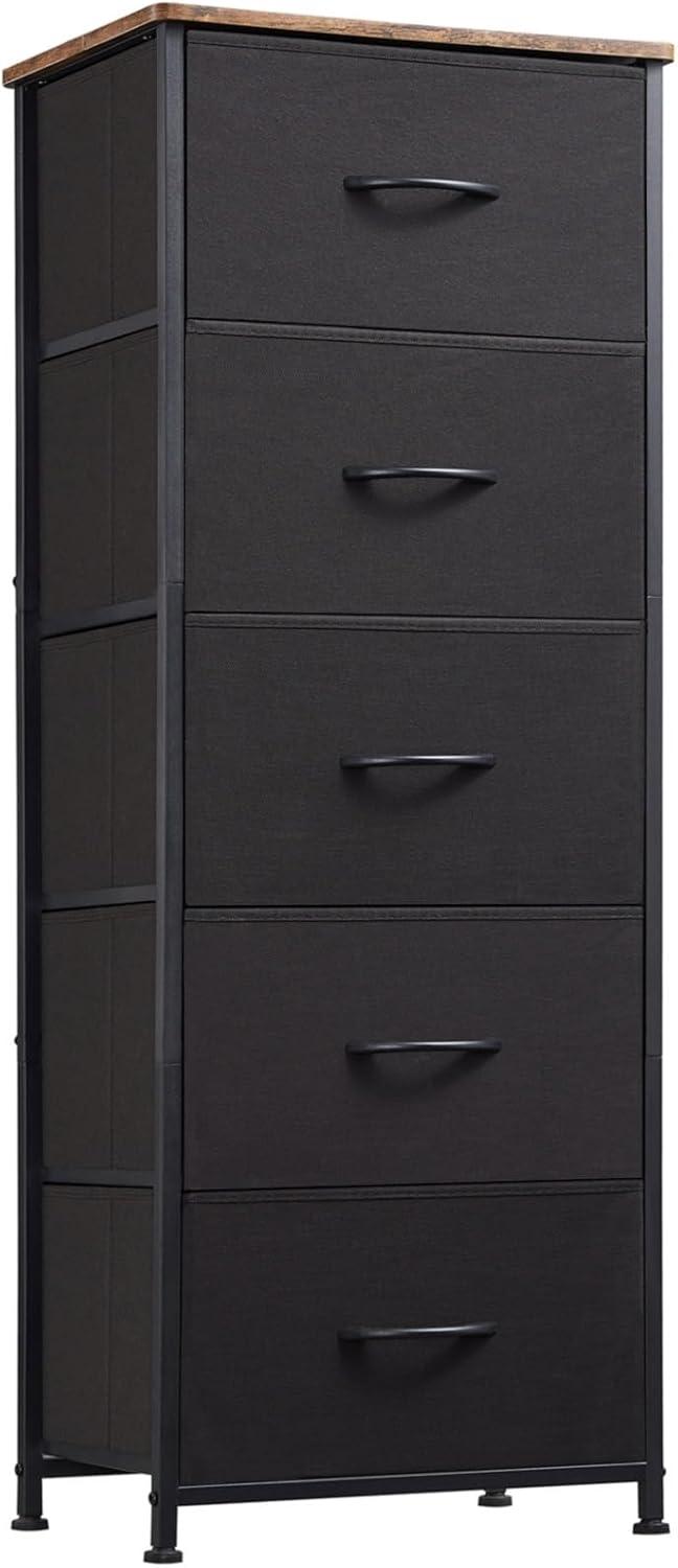 Somdot Tall Nightstand with 5 Removable Fabric Storage Drawers for Bedroom, Black Rustic Brown