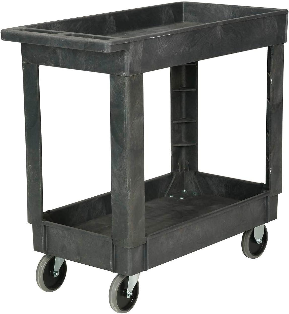 Gray Plastic Utility Cart with 2 Tray Shelves and Rubber Wheels