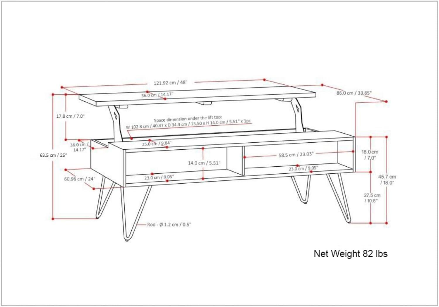 Hunter 48"W Solid Wood Industrial Lift Top Coffee Table with Hidden Storage and Metal Hairpin Legs
