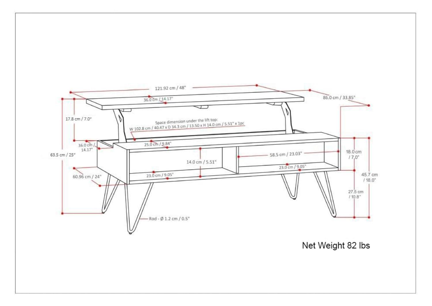 Hunter 48"W Solid Wood Industrial Lift Top Coffee Table with Hidden Storage and Metal Hairpin Legs
