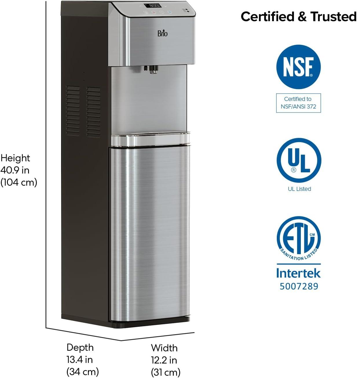 Brio 700 Series Bottom Load Hot, Cold and Room Water Cooler - Self Clean Ozone - Tri Temp W/Touch Dispense - Set Custom Temperature 39°-59°F Cold and 174°–194°F Hot