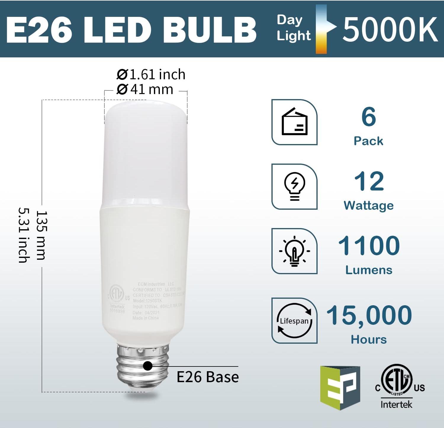 EP 75W Equivalent LED Bulb - 12W 1100 Lumens 5000K Daylight White Non-Dimmable E26 Medium Base - Bright Bulbs for Home, Bedroom, Office Lamp, 6 Pack