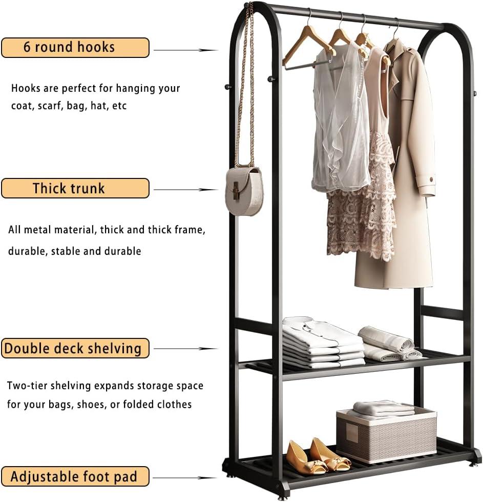 heavy duty clothes rack,clothing rack for hanging clothes,metal garment rack with bottom shelves and side 6 hooks,rack for clothes to hang,Wardrobe Rack for Coats,Shirts,Dress (black, L:31.5IN)