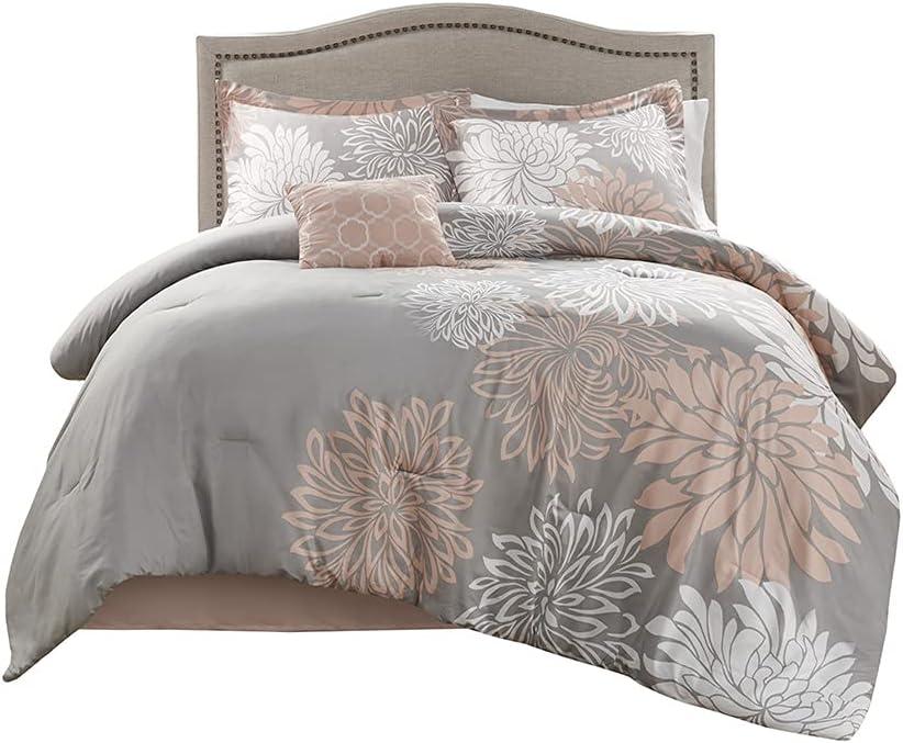 Comfort Spaces King Bedding Comforter Set, Blush Microfiber Comforters King Size Set W/ Bed Skirt, Floral, 5 Pieces
