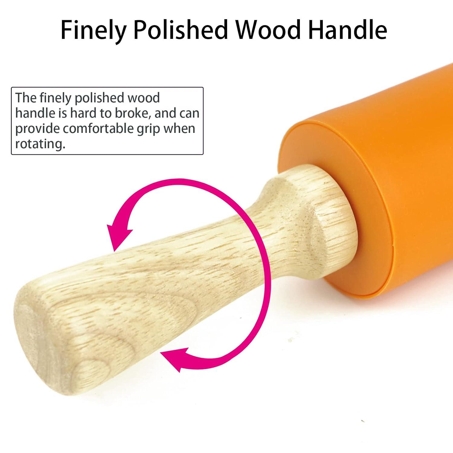 Compact Orange Silicone Rolling Pin with Wooden Handles