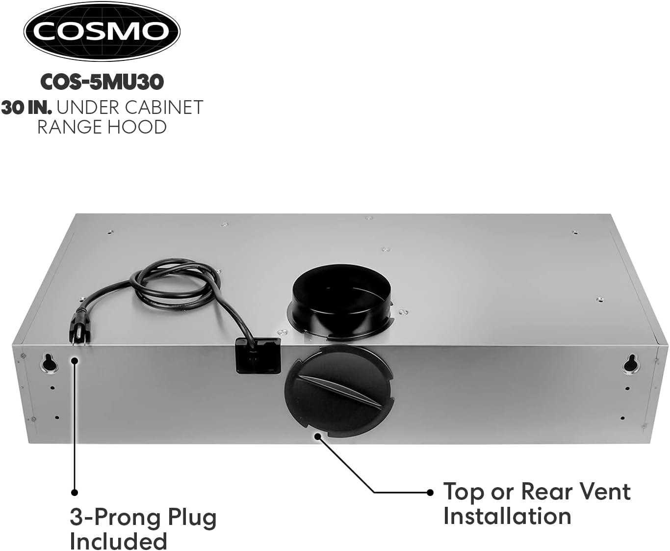 Cosmo 30" Stainless Steel 220 CFM Ducted (Vented) Under Cabinet Range Hood with Charcoal Filter