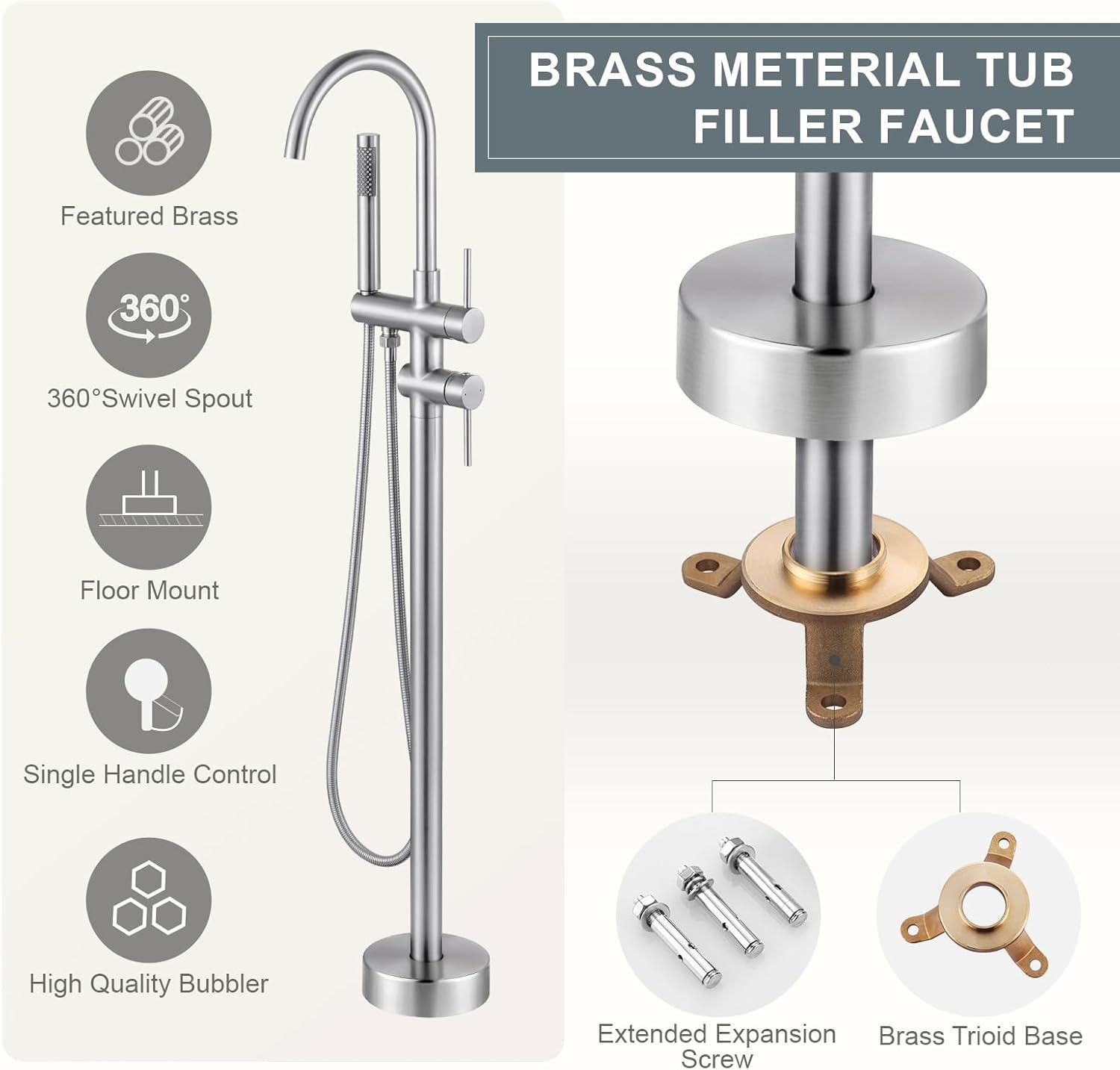 AWZTOO Floor Mount Tub Faucet With Hand Shower Double Handle Bathtub Faucets Freestanding Bathroom Tub Filler With Handheld Shower Brushed Nickel