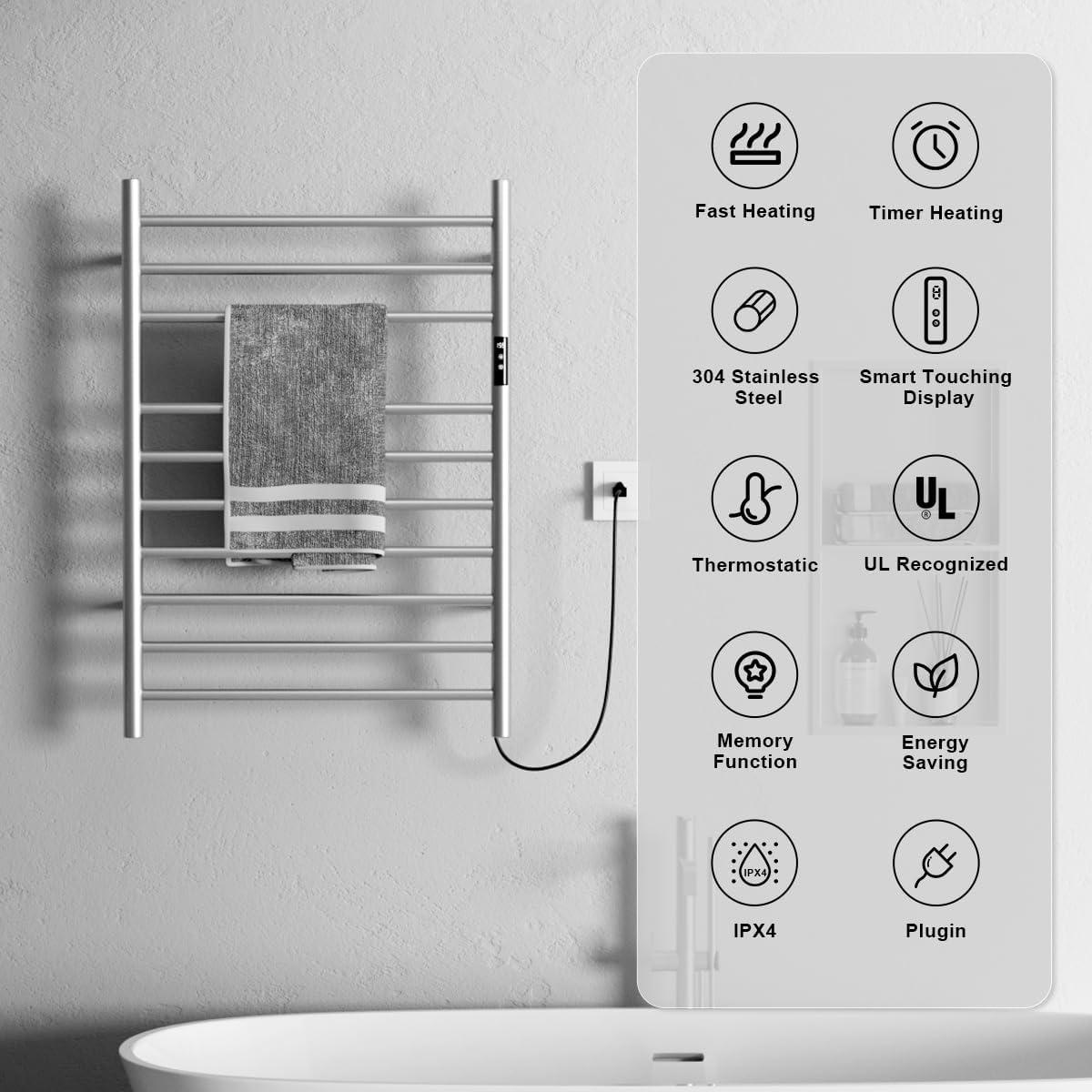 Topcobe 10 Bar Towel Warmer Wall Mounted Electric Heated Towel Rack with Built-in Timer, Bathroom Furniture, Electric Heated Towel Racks for Bathroom, Silver