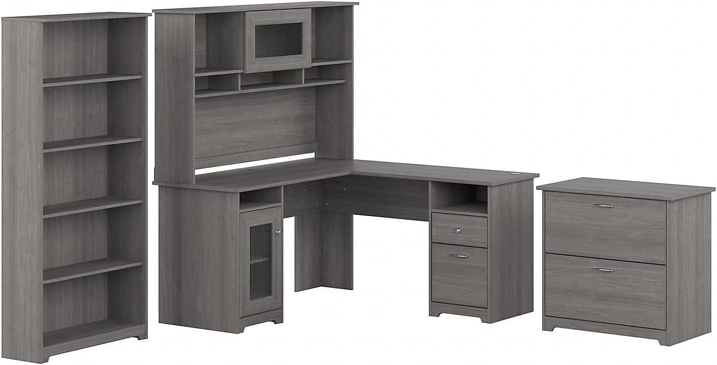 Modern Gray Engineered Wood L-Shaped Desk with Hutch and Storage