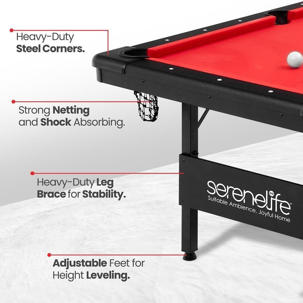 SereneLife 6 Ft Red Portable Pool Table with Accessories