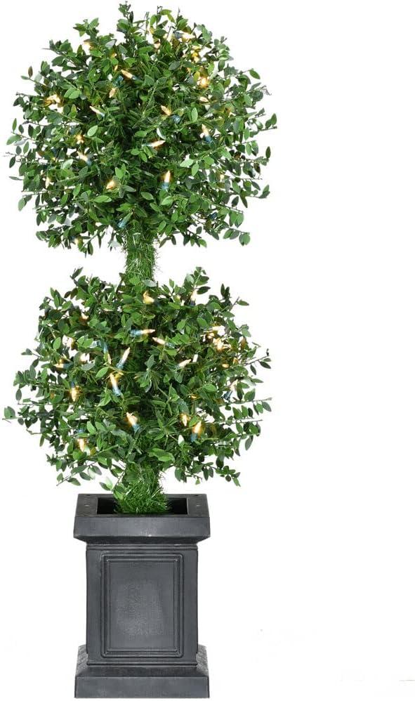 36" Boxwood Topiary in Black Pot with Warm White LED Lights