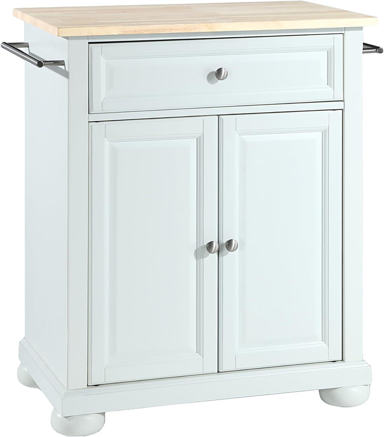 Alexandria Natural Wood Top Portable Kitchen Island - White - Crosley: Hardwood Frame, Adjustable Shelves, Locking Casters