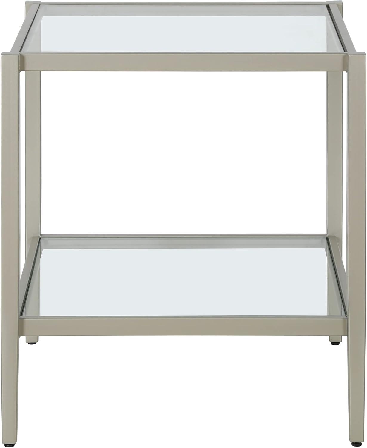 Evelyn&Zoe Hera 20" Wide Square Side Table with Glass Shelf, Satin Nickel