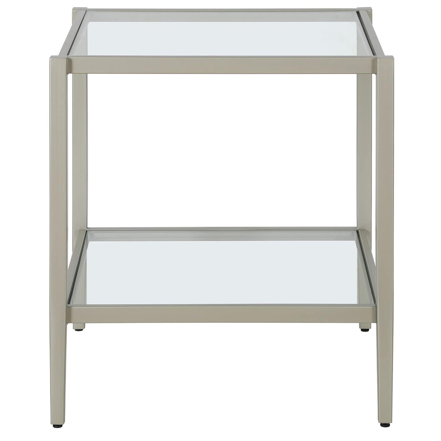 Evelyn&Zoe Hera 20" Wide Square Side Table with Glass Shelf, Satin Nickel