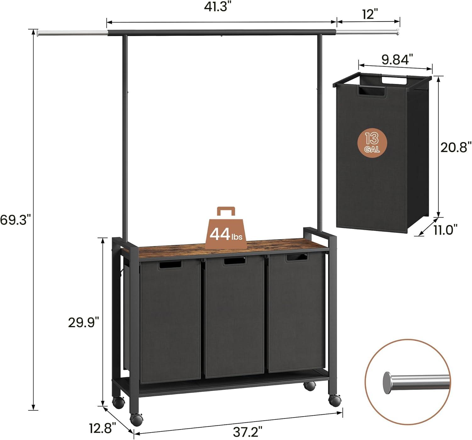 Yesfashion Laundry Sorter Rolling Cart wIth Garment Rack Hanging Rod,Pull-Out and Removable Oxford Fabric Laundry Baskets