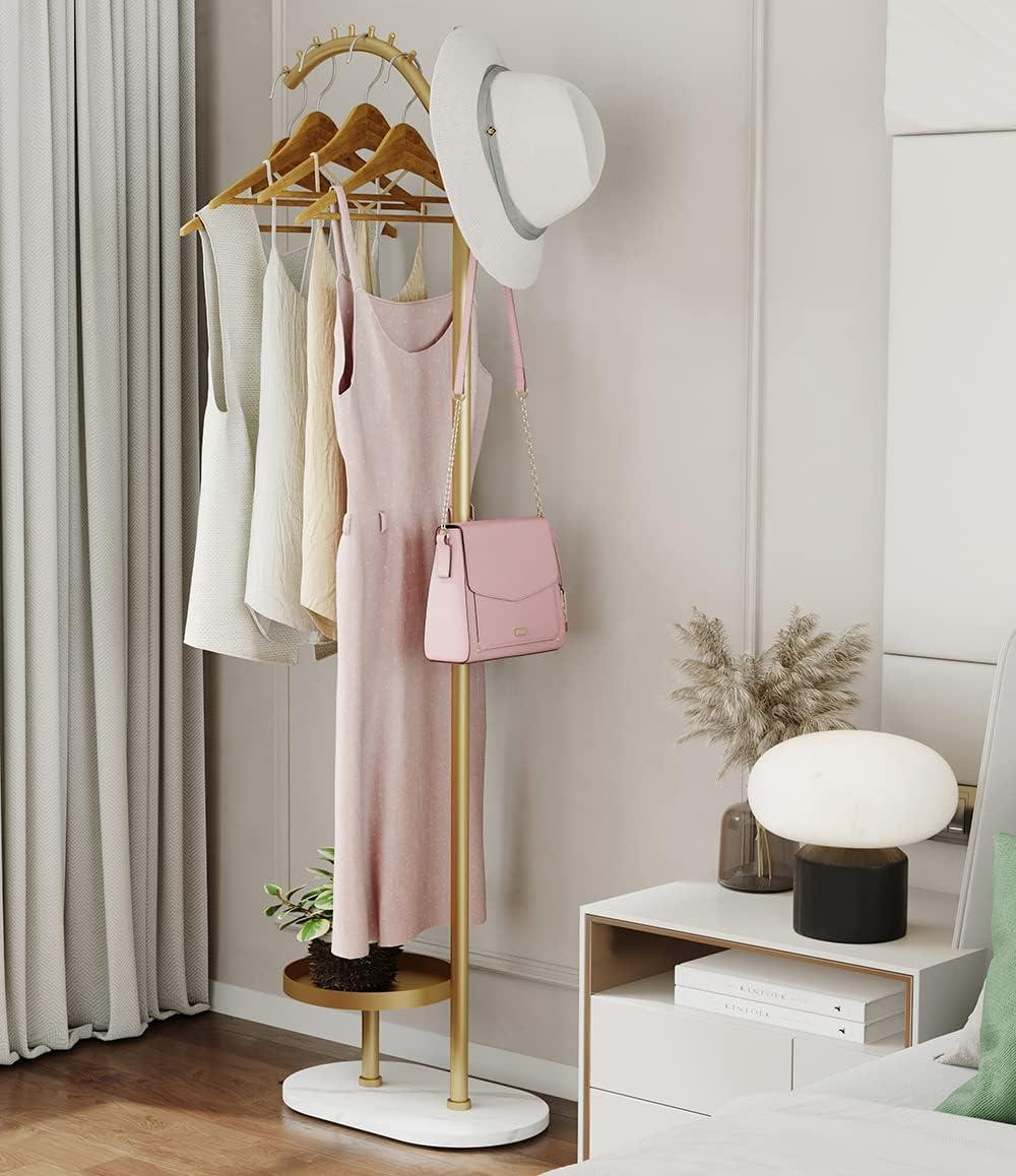 Gold Clothing Garment Rack with Marble Base and Tray, Modern Minimalist Hanging Clothes Rack, for Coats, Hats, Scarves and Handbags of Entryway, Hallway, Bedroom, Office（Golden）