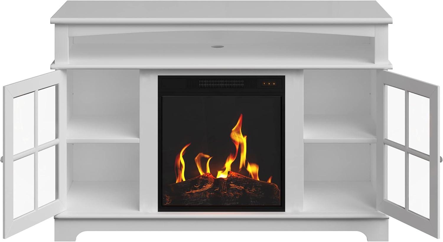 TV Stand with Electric Fireplace Fits TVs up to 50-Inches - Media Console with Storage Cabinet, Adjustable Heat, and LED Flames by Northwest (White)
