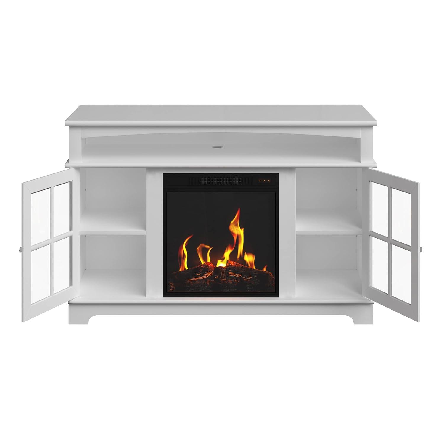 TV Stand with Electric Fireplace Fits TVs up to 50-Inches - Media Console with Storage Cabinet, Adjustable Heat, and LED Flames by Northwest (White)