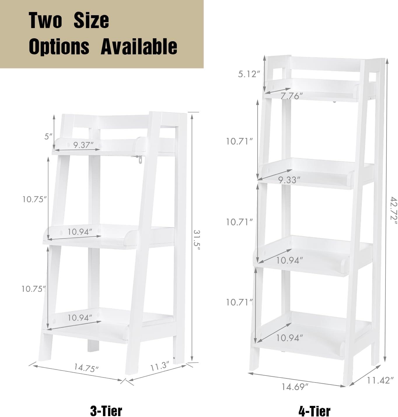 4-Tier Ladder Shelf, Bathroom Shelf Freestanding, 4-Shelf Spacesaver Open Wood Shelving Unit, Ladder Shelf (White)